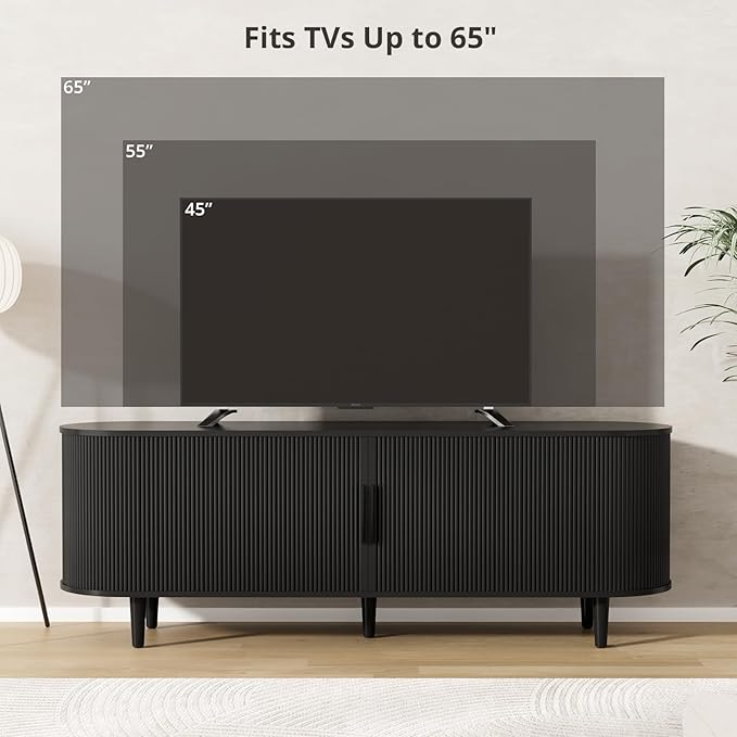 VOWNER 63" Fluted TV Stand, Modern Entertainment Center for TVs Up to 65" with Adjustable Shelves and Sliding Doors, Curved Media Console Table with Storage Cabinet for Living Room Bedroom (Black)