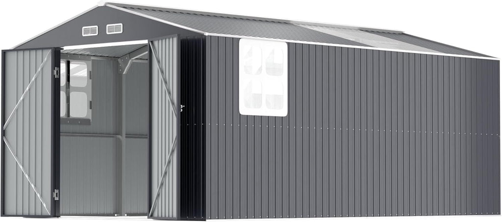 Metal Shed 10x16 FT Big with Heavy-Duty Reinforced Steel Frame and Customizable Skylight, Lockable Doors, 4-Pane Windows,Large Outdoor Storage for Garden, Tools, and Utility