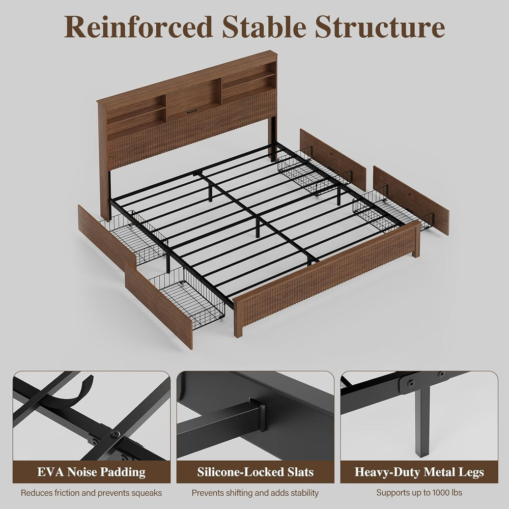 King Size Bed Frame with 4 Storage Drawers, Brown