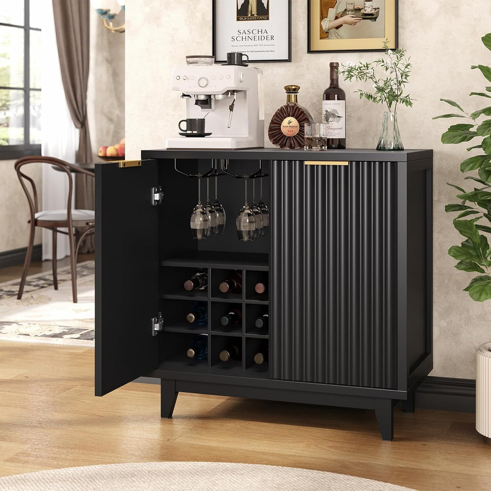 Vabches Modern Fluted Coffee Bar Cabinet with Removable Wine Rack, Black