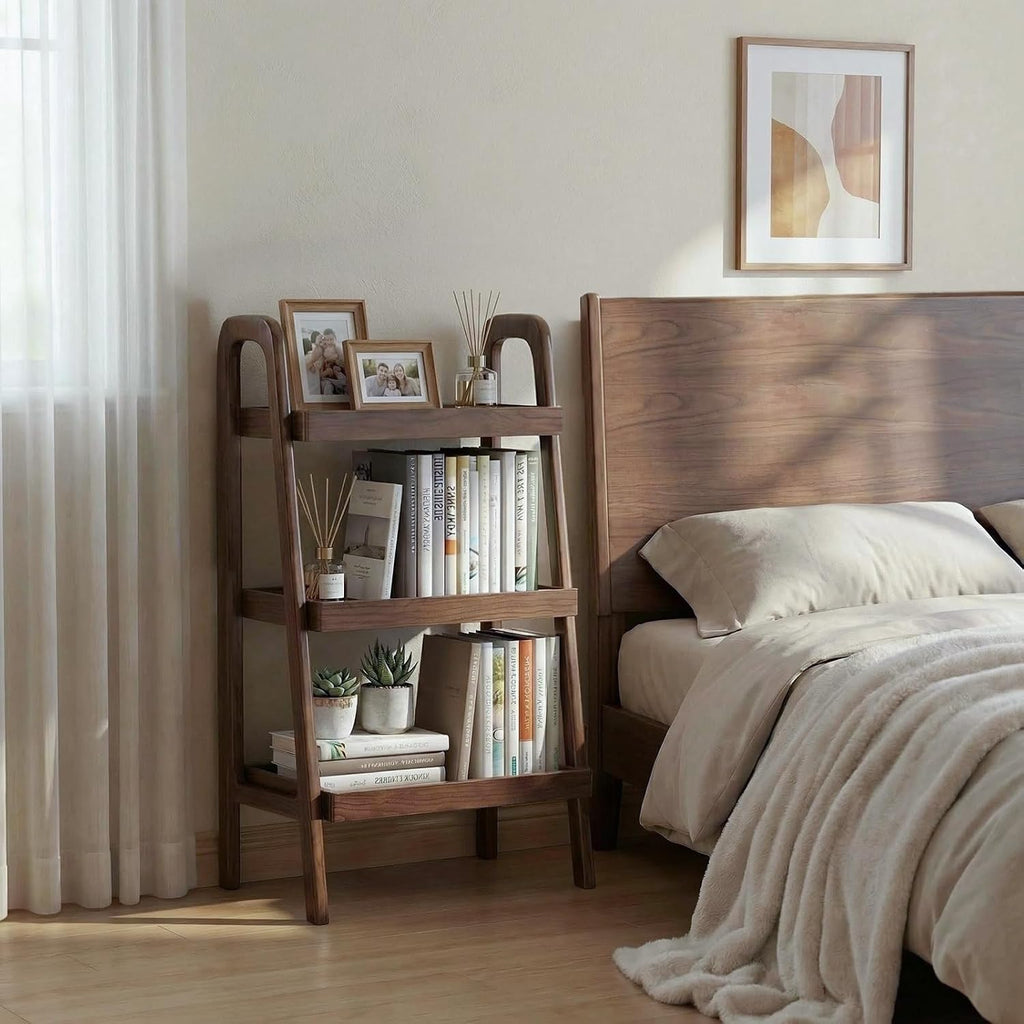 Solid Wood Ladder Shelf, 3 Tier Open Bookcase Storage Shelf | Space-saving vertical organizer, stable ladder structure, display solution for books, plants, decor and household essentials