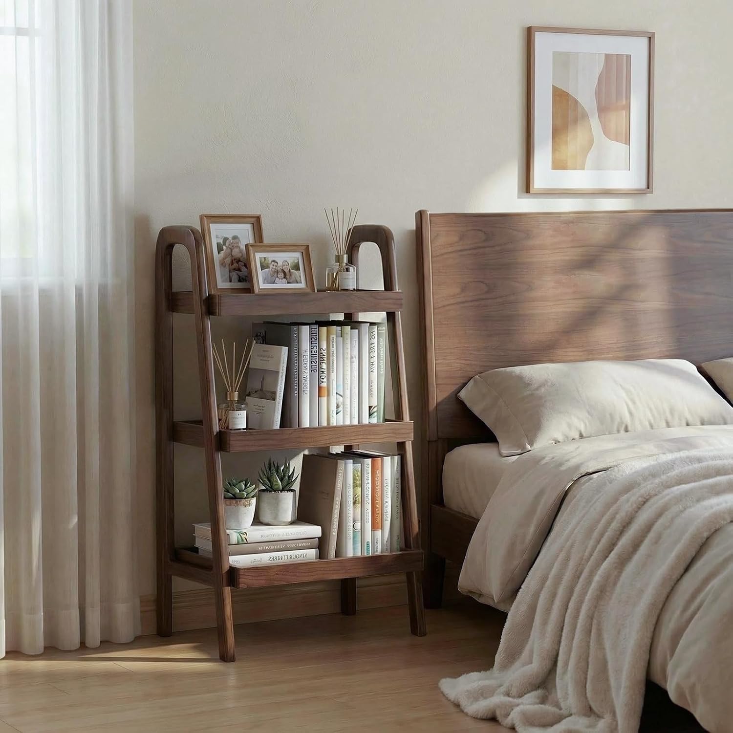 Solid Wood Ladder Shelf, 3 Tier Open Bookcase Storage Shelf | Space-saving vertical organizer, stable ladder structure, display solution for books, plants, decor and household essentials