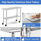 ROCKPOINT Stainless Steel Table for Prep & Work with Caster Wheels 24x48 Inches, NSF Metal Commercial Kitchen Heavy Duty Table with Adjustable Under Shelf and Table Foot for Restaurant, Home and Hotel