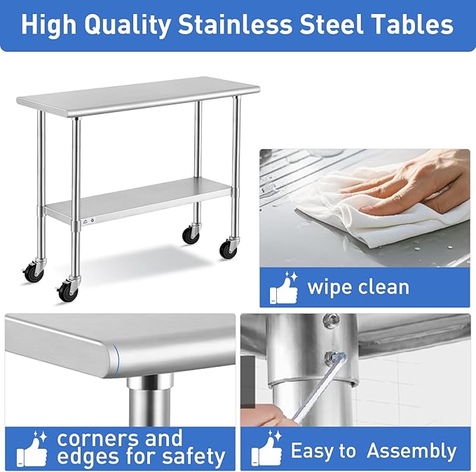 ROCKPOINT Stainless Steel Table for Prep & Work with Caster Wheels 30x30 Inches, NSF Commercial Heavy Duty Table with Undershelf and Legs for Restaurant, Home and Hotel