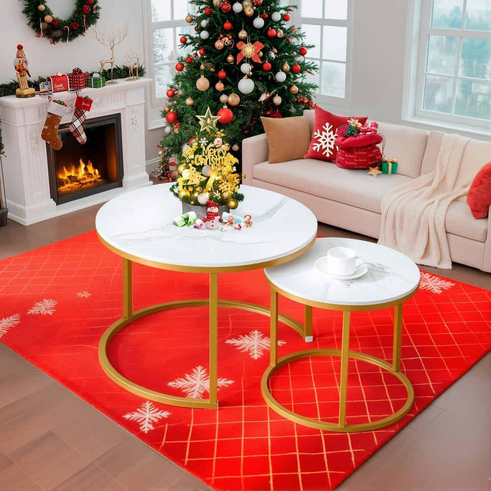 Nesting Coffee Table Set of 2, Round Coffee Table w/Marble Pattern Top, Moder...