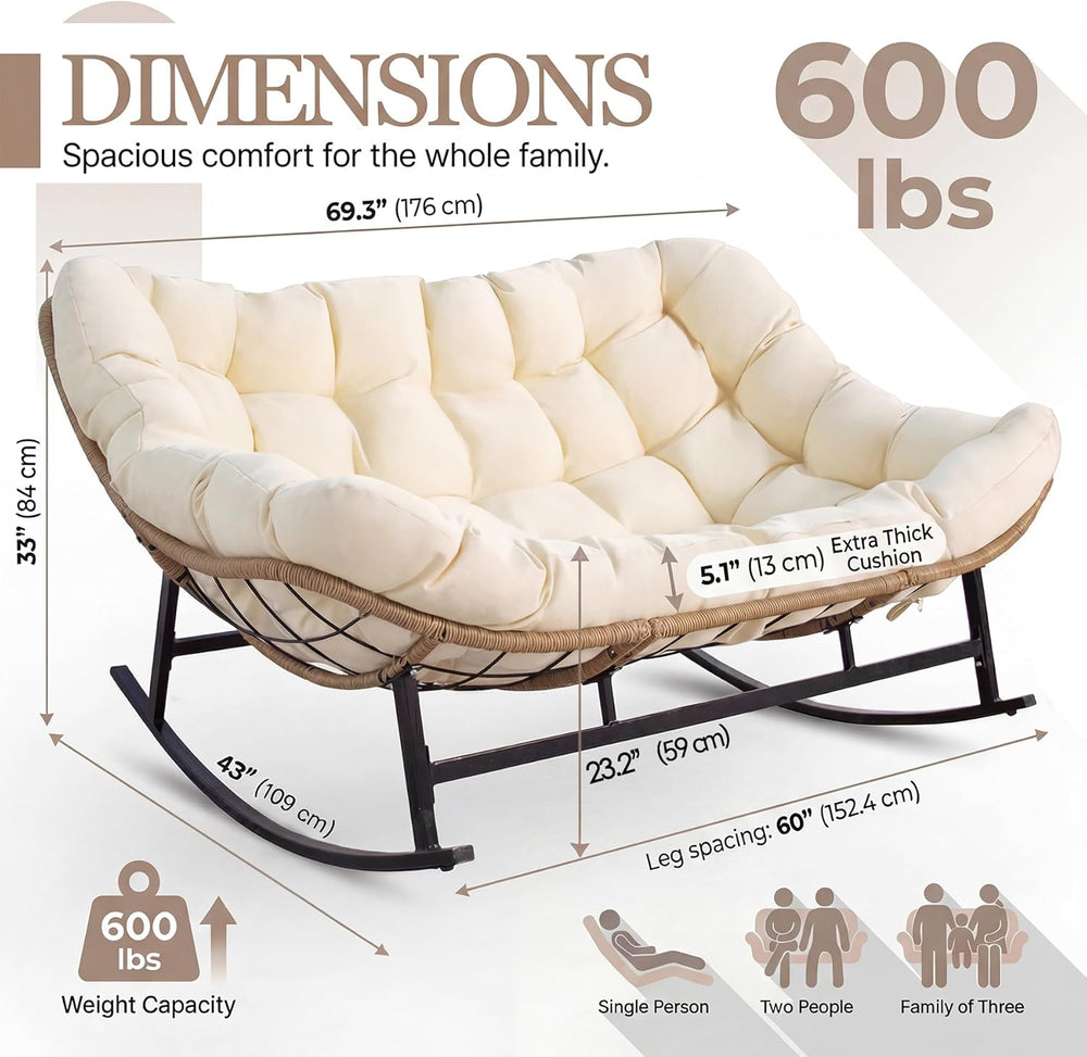 NICESOUL Oversized Double Rocking Papasan Chair with Thick Cushion, 2 Person ...