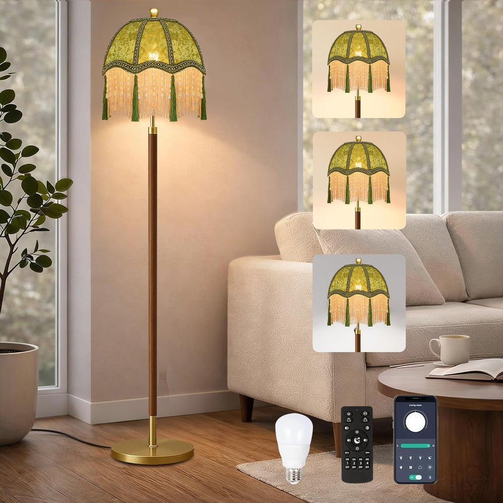 Vintage Floor Lamp For Living Room,Remote Dimmable Wood Gold Standing Lamps W...