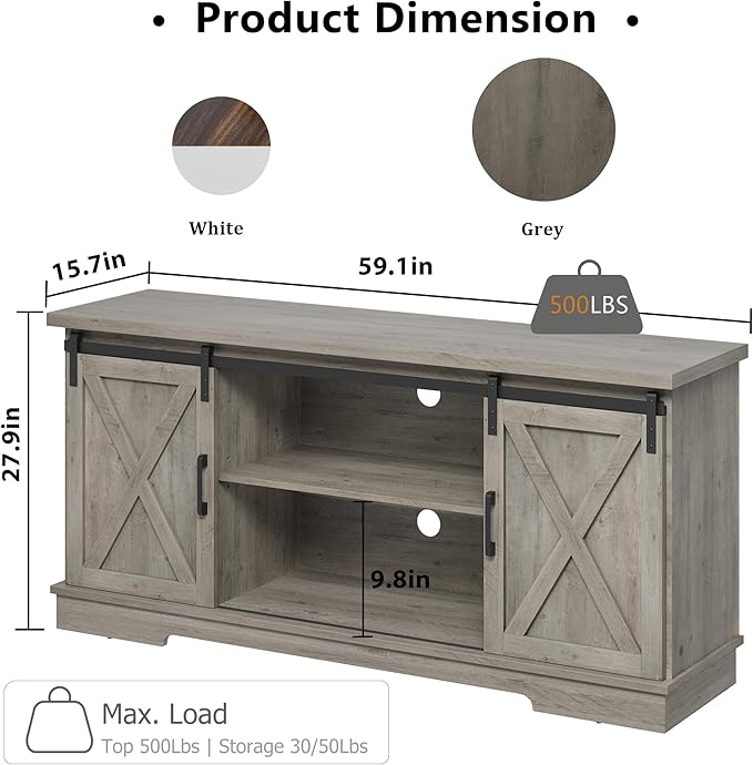 IDEALHOUSE Farmhouse Tv Stand for 65 inch TVs, Entertainment Center with Sliding Barn Doors and Adjustable Shelf, Modern Storage Media TV Console TV Stand Table for Living Room, Bedroom, Grey