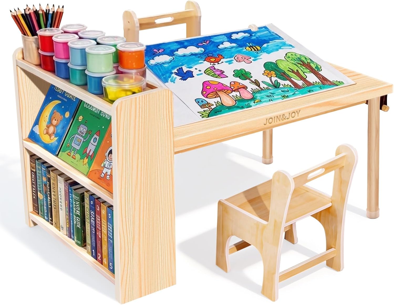 JOIN&JOY Kids Art Table and 2 Chair Set, Multifunctional Craft Table with Storage Shelves, Toddler Activity for Creativity, Drawing, Learning & Playtime | Toddler Activity Desk for Creativity, Drawing, Learning & Playtime
