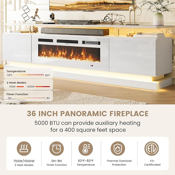 70" Fireplace TV Stand, Modern Entertainment Center for TVs Up to 80”, TV Console with Storage Cabinets, Media Console for Living Room, White TV Stand and White Fireplace