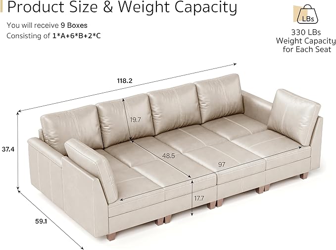 SITJOY 118" Faux Leather Modular Sectional Sofa with Storage, Mid Century Modern Sectional Couches for Living Room, Soft Padded Armrests, 8 Seat Sofa Bed, Greige