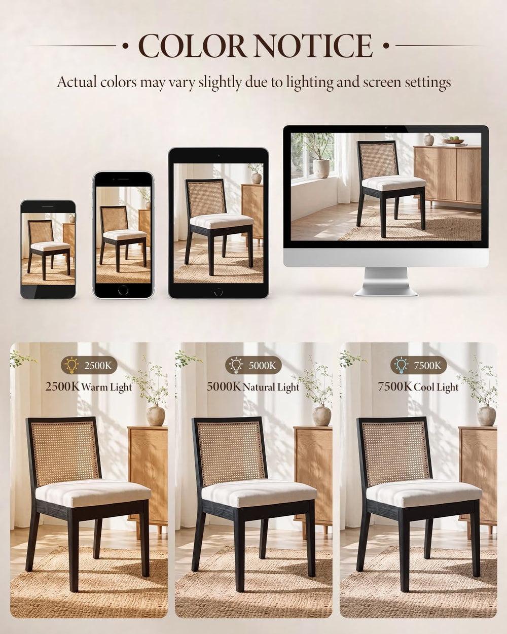 HNY Farmhouse Rattan Dining Chairs Set of 6, Black Solid Hardwood Frame, Upho...