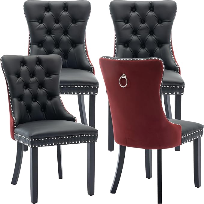 Modern Dining Chairs Set of 4, Tufted Upholstered Dining Chair with Solid Wood Legs, Velvet and Leather Dining Chairs, Sillas de Comedor, Comfy Kitchen Chair (Black+Burgundy, 4Pcs)