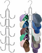 Hat Organizer for Closet, Collapsible Caps Rack with 10 Rotatable Large Hooks, Holds Up to 40 Baseball Caps, Metal Space Saving Hat Hanger for Display, Storage and Closet Organizers, Silver