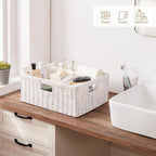 OIAHOMY Wicker Basket, Paper Shelf Basket with Built-in Handles, Rectangular Wicker Storage Bin for Pantry, Shelves, 1 Pack-White
