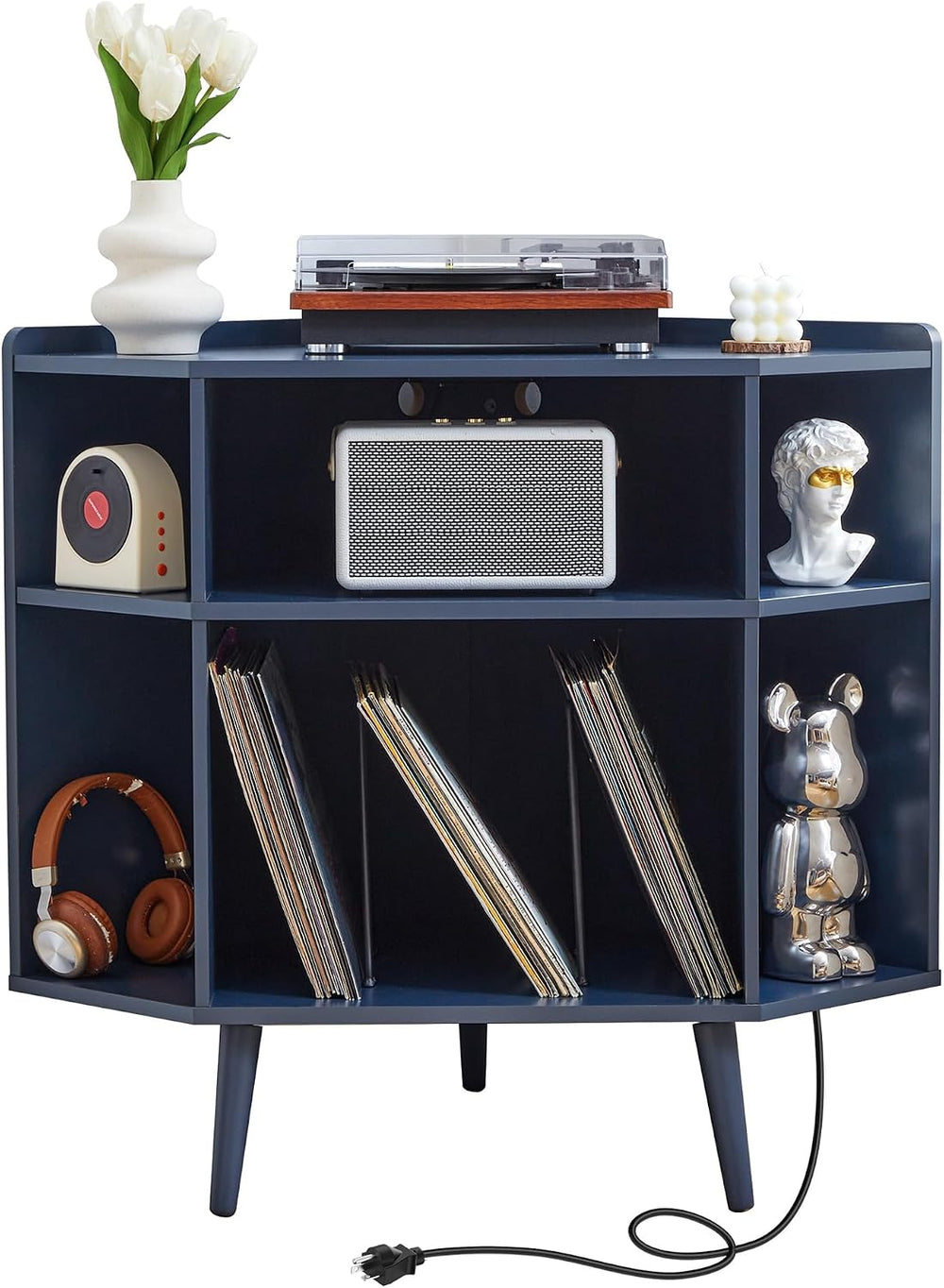 Corner Record Player Stand with Charging Station & USB Ports, 3 Tier Mid ...