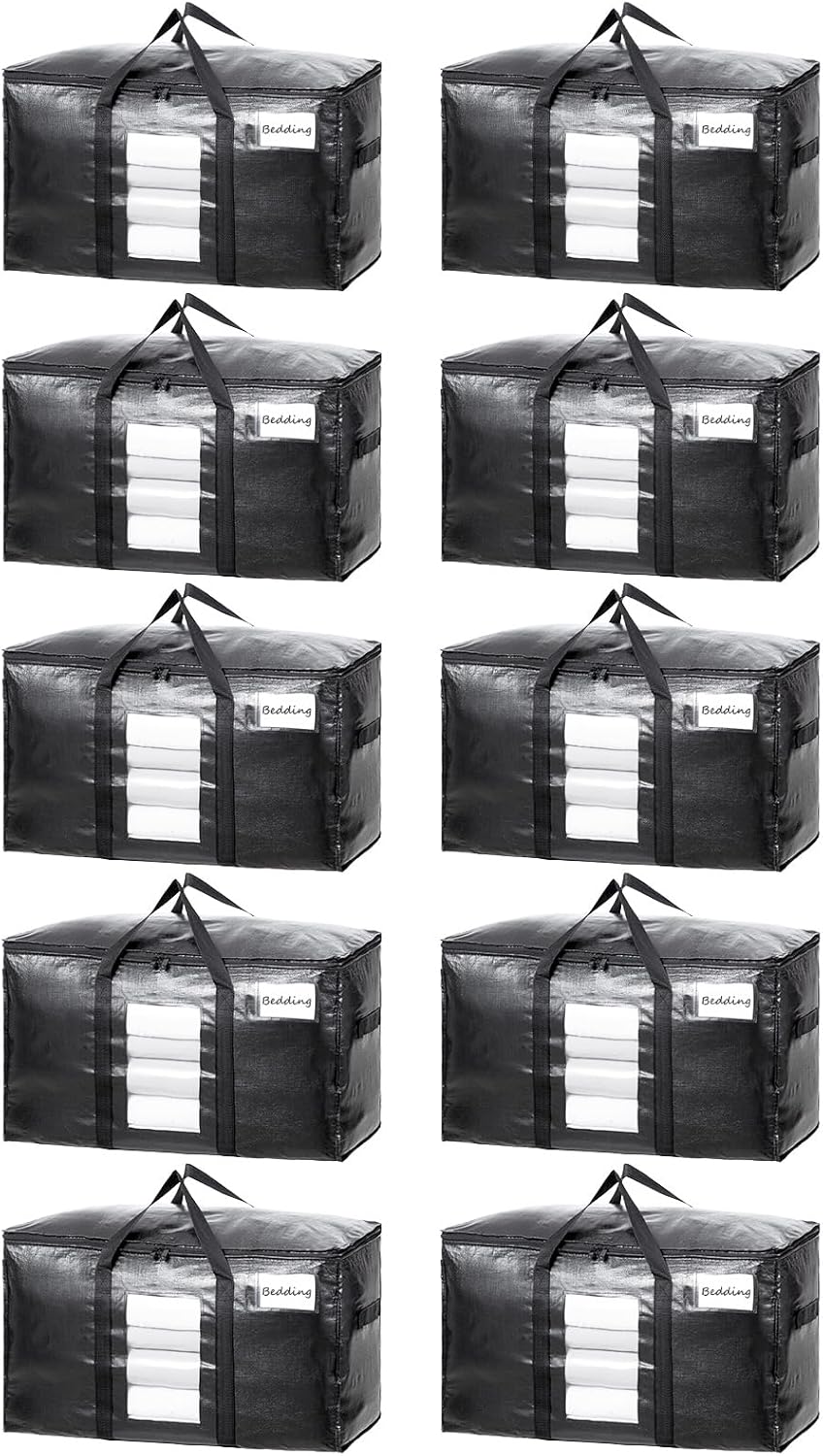 TAILI Extra Large Moving Bags, 10 Pack Black Heavy Duty Totes for Storage with Visible Window, Wrap Around Handles, Storage Bags for Space Saving, Alternative to Moving Boxes