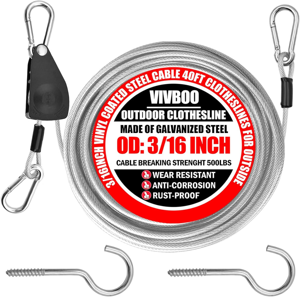40ft Clothes Line Outdoors 3/16" Wire Ropes Silver PVC Coating Laundry Drying Clothesline Retractor with Metal Hooks Heavy Duty for Umbrella Travel Outside Camping Backyard