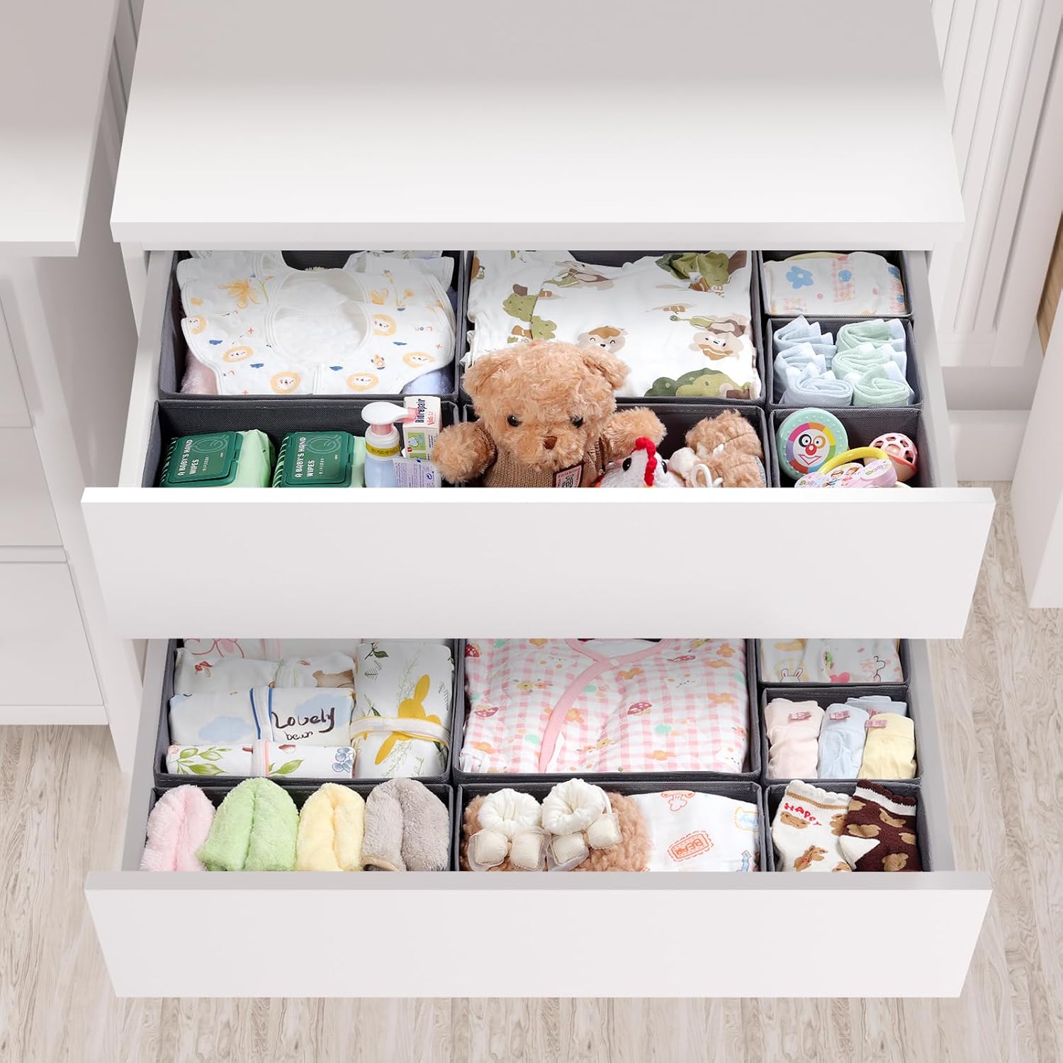 14 Pack Drawer Organizer for Clothes Dresser Organizer for Nursery-Perfect Baby Cloth Organizer and Storage General Nursery Organization or Dresser Drawer Organizer Bins Foldable Washable Grey