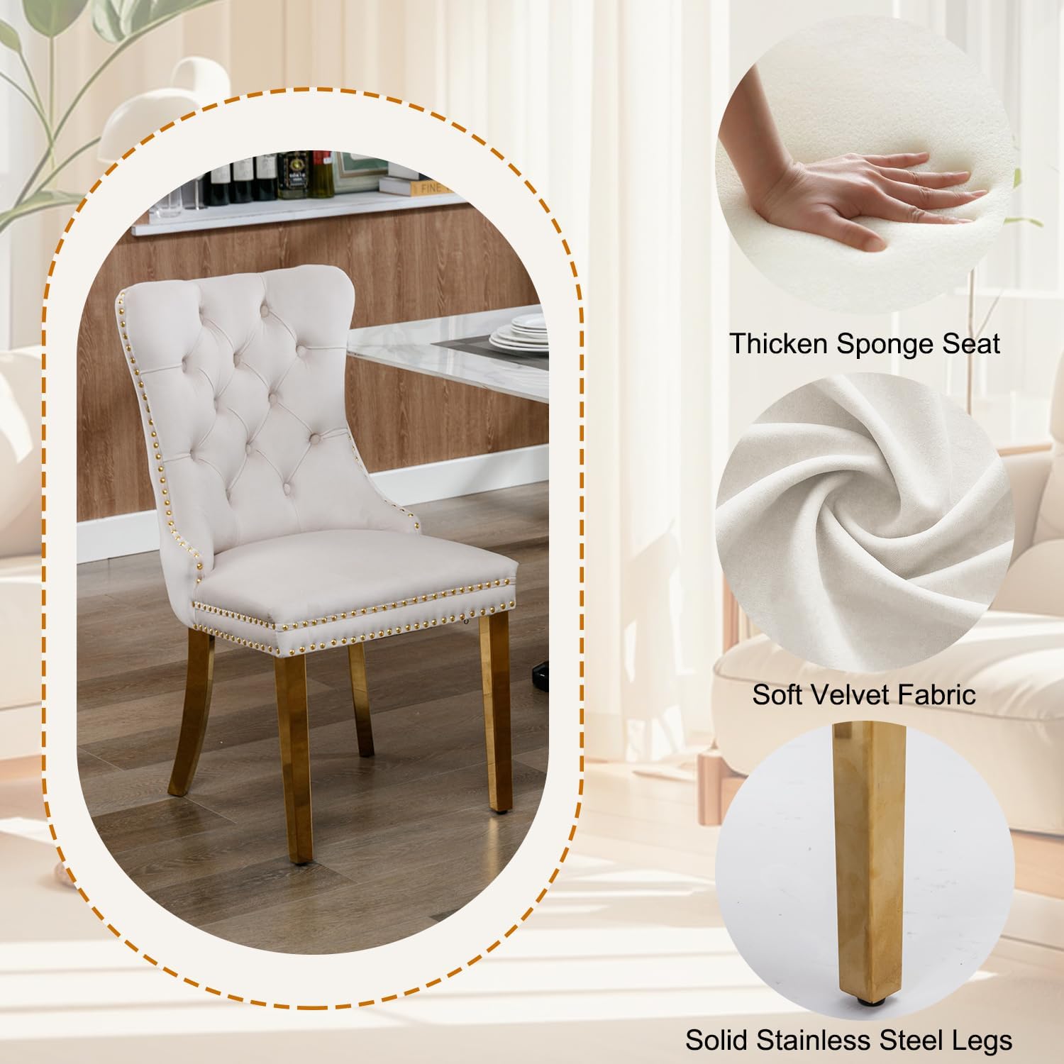 SSLine 7-Piece Round Glass Dining Table Set for 6, Modern Glass Kitchen Table and Chair Set for 6, 47.2" Circle Dining Room Table with 6 Beige Tufted Chairs for Kitchen Home Office