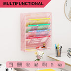 Hanging Wall File Organizer 6 Tier Wall Mounted Mail Paper Folder Holder Document Organization Stand, Vertical Desk Magazine Rack for Office Home Cubicle Countertop, Pink