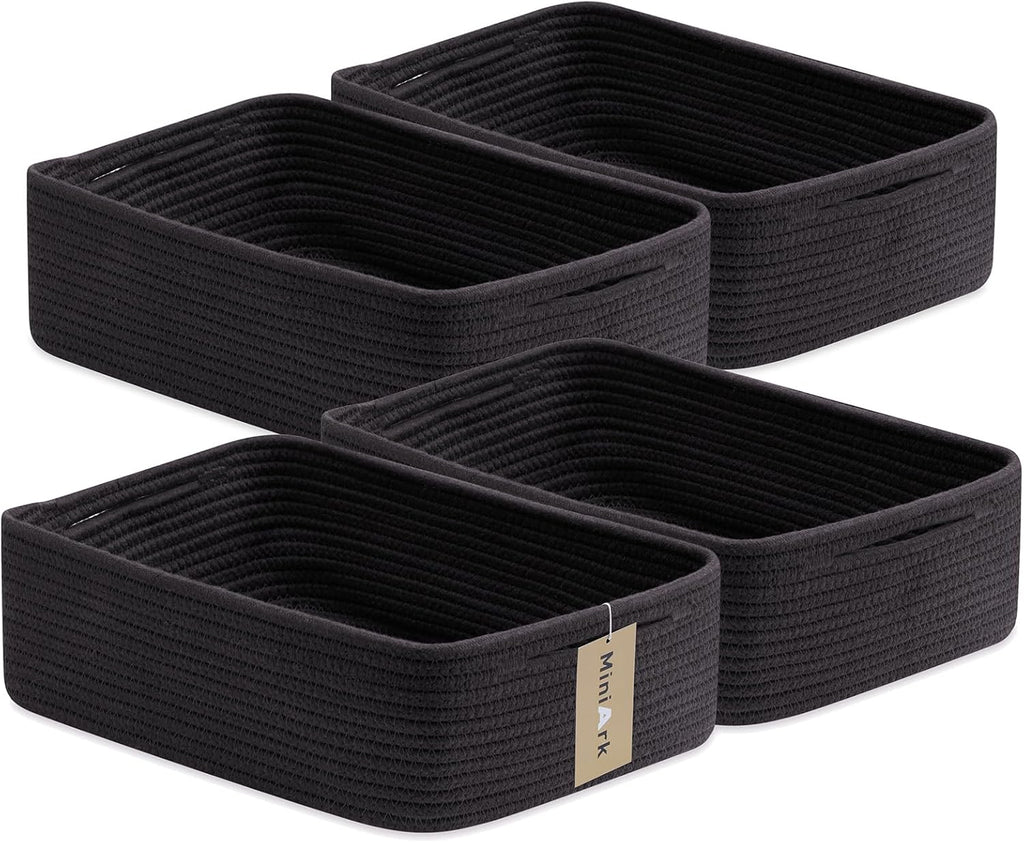 Large Shallow Organizing Baskets 15x11x5.1 Inches - Rope Woven Storage Bins for Bathroom, Shelves, Cube Closet, Black 4 Packs