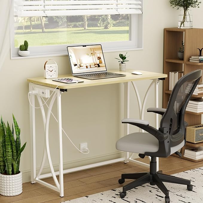 Folding Table, 31.5" Small Desk for Bedroom with Power Outlet, Space Saving Foldable Computer Desk for Home Office, Easy Assembly, Beige