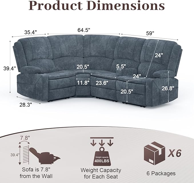 Manual Reclining Sectional Sofa Set, 4 Seats Soft Fabric Recliner Corner Sectional Couch, Family-Sized L-Shaped Recliner Couch with USB Charging, Thickened Padding, Sturdy Frame, Blue