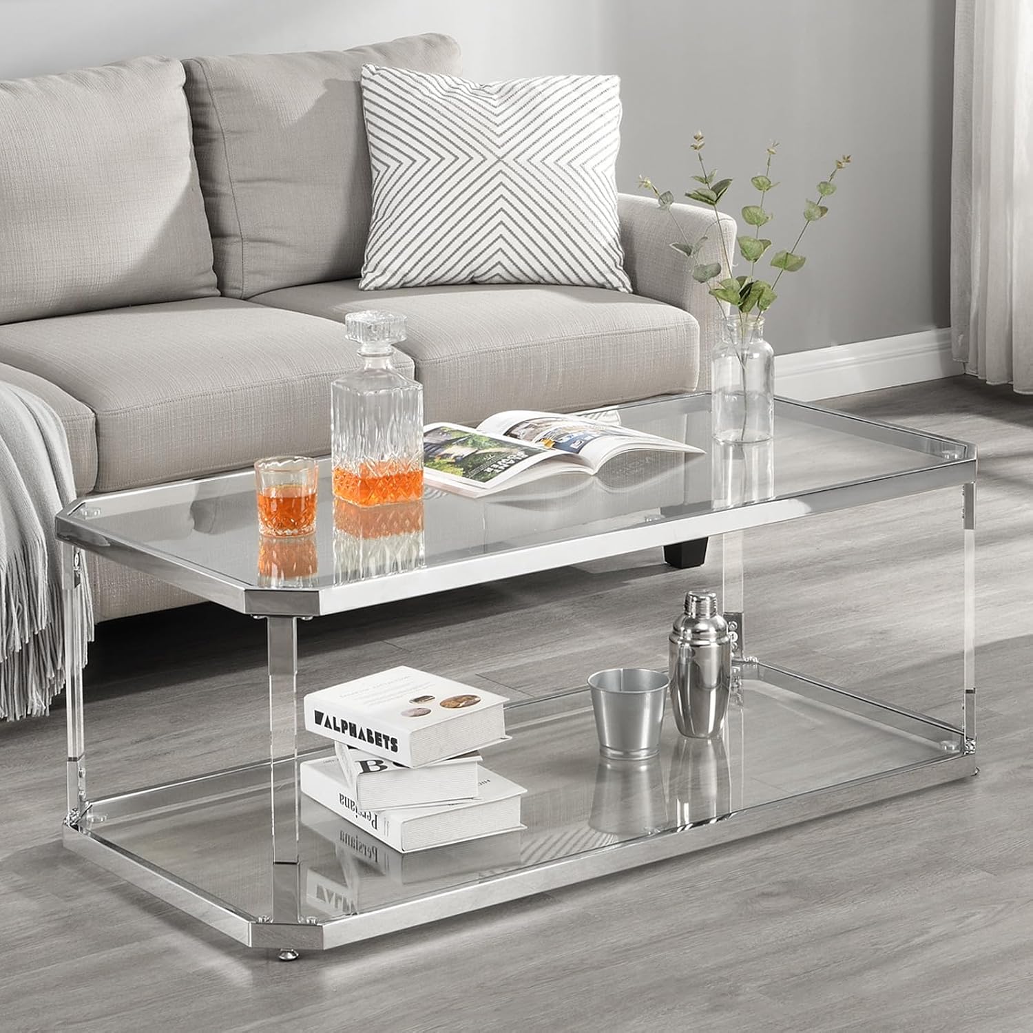 Glass Coffee Table, Clear Coffee Table with 2 Tiers, Acrylic Leg, Chrome Frame, Rectangular Center Table for Living Room (Chrome-New)