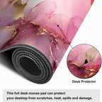 Pink Marble Ink Mouse Pad – Large Extended Desk Mat 31.5 x 11.8 in– Elegant Watercolor Gold Foil Design, Waterproof Surface, Non-Slip Rubber Base, Keyboard & Mouse Pad for Office or Gaming
