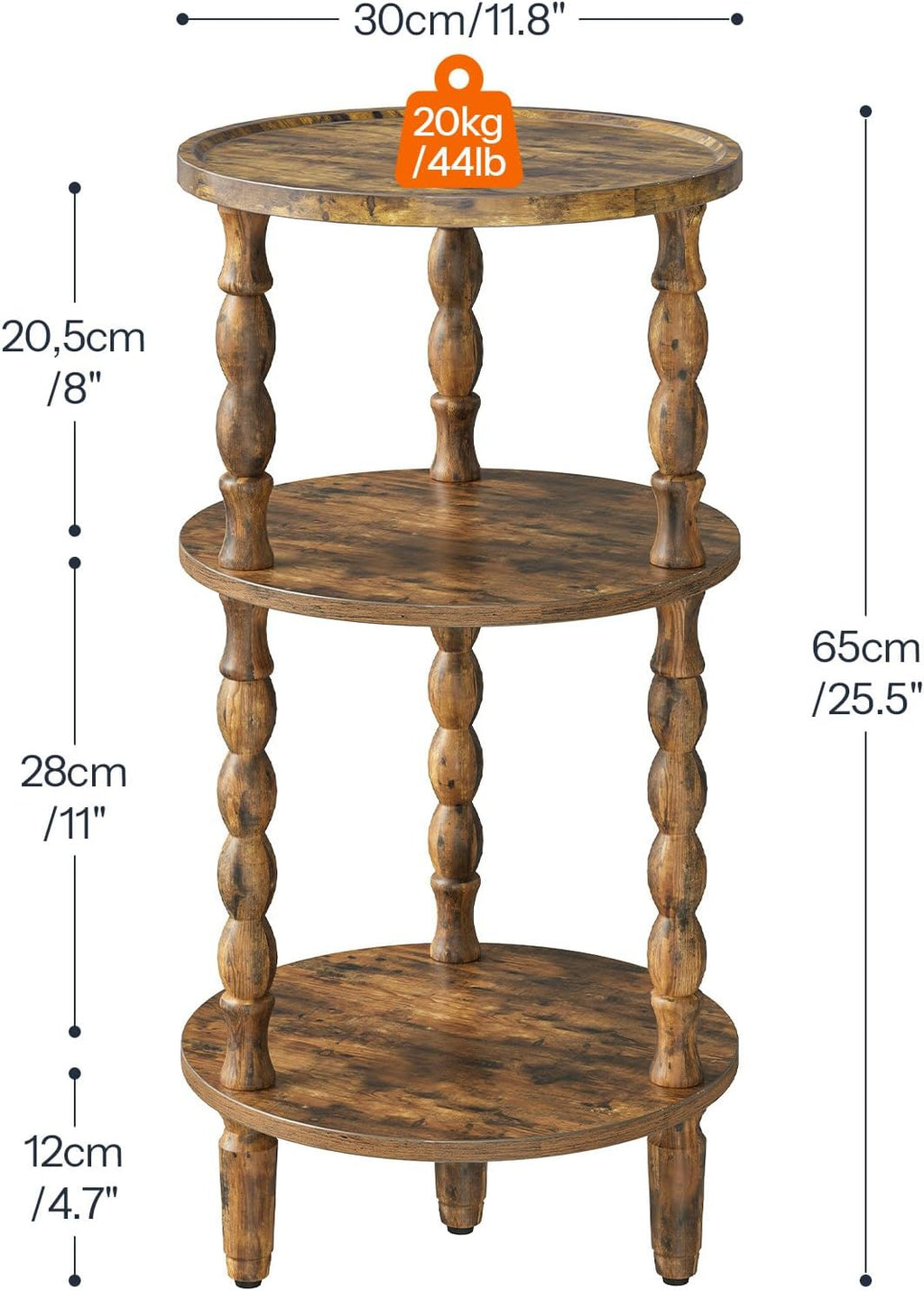 HOOBRO Round Side Table for Small Space, 3-Tier Small Round End Table with Rubberwood Leg, Accent Bedside Table, Circle Nightstand, Living Room, Bedroom, Sofa Couch, Rustic Brown FG218BZ01