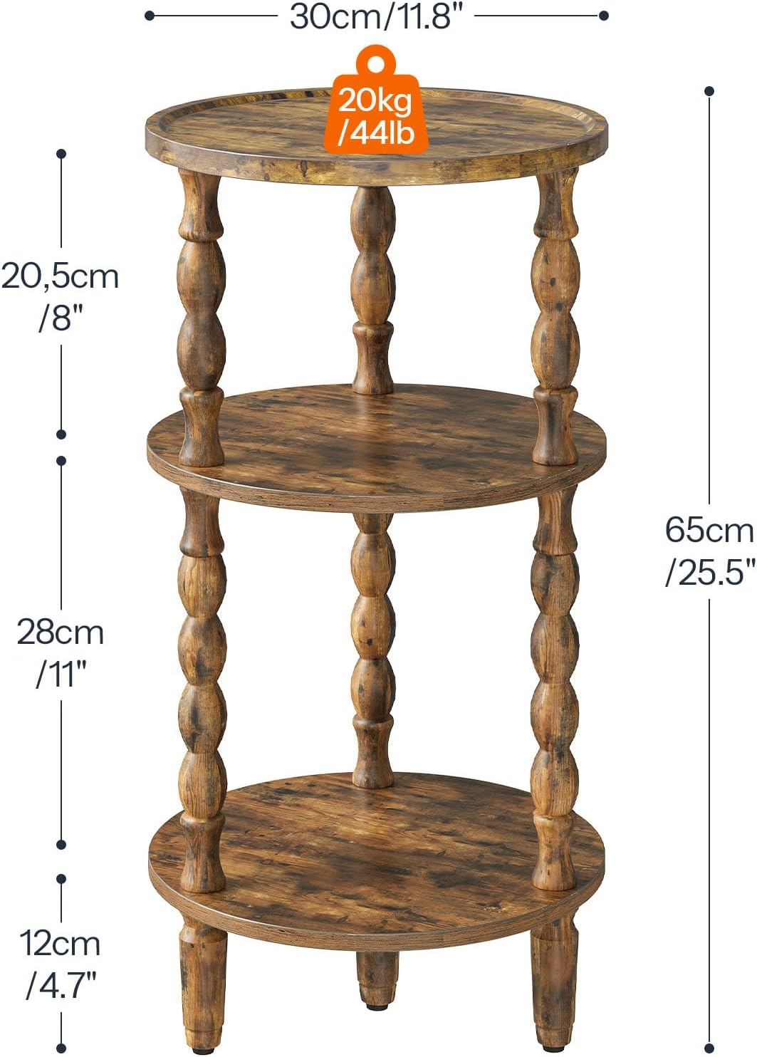 HOOBRO Round Side Table for Small Space, 3-Tier Small Round End Table with Rubberwood Leg, Accent Bedside Table, Circle Nightstand, Living Room, Bedroom, Sofa Couch, Rustic Brown FG218BZ01