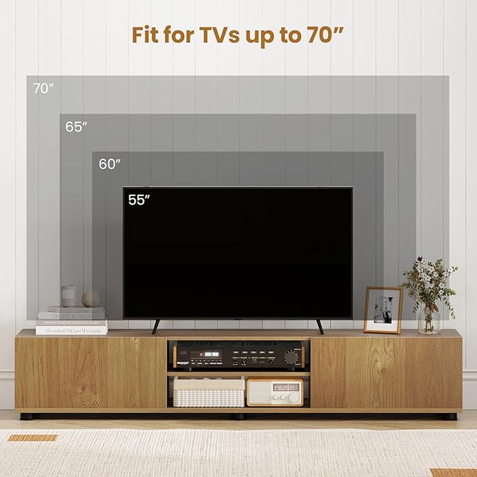 Tangkula Modern TV Stand for up to 70” TVs, 63”L Minimalist Entertainment Center w/ 2 Doors & Open Shelves, Media Console Table Storage Cabinet with 6 Support Feet for Living Room (Natural, 63”L)