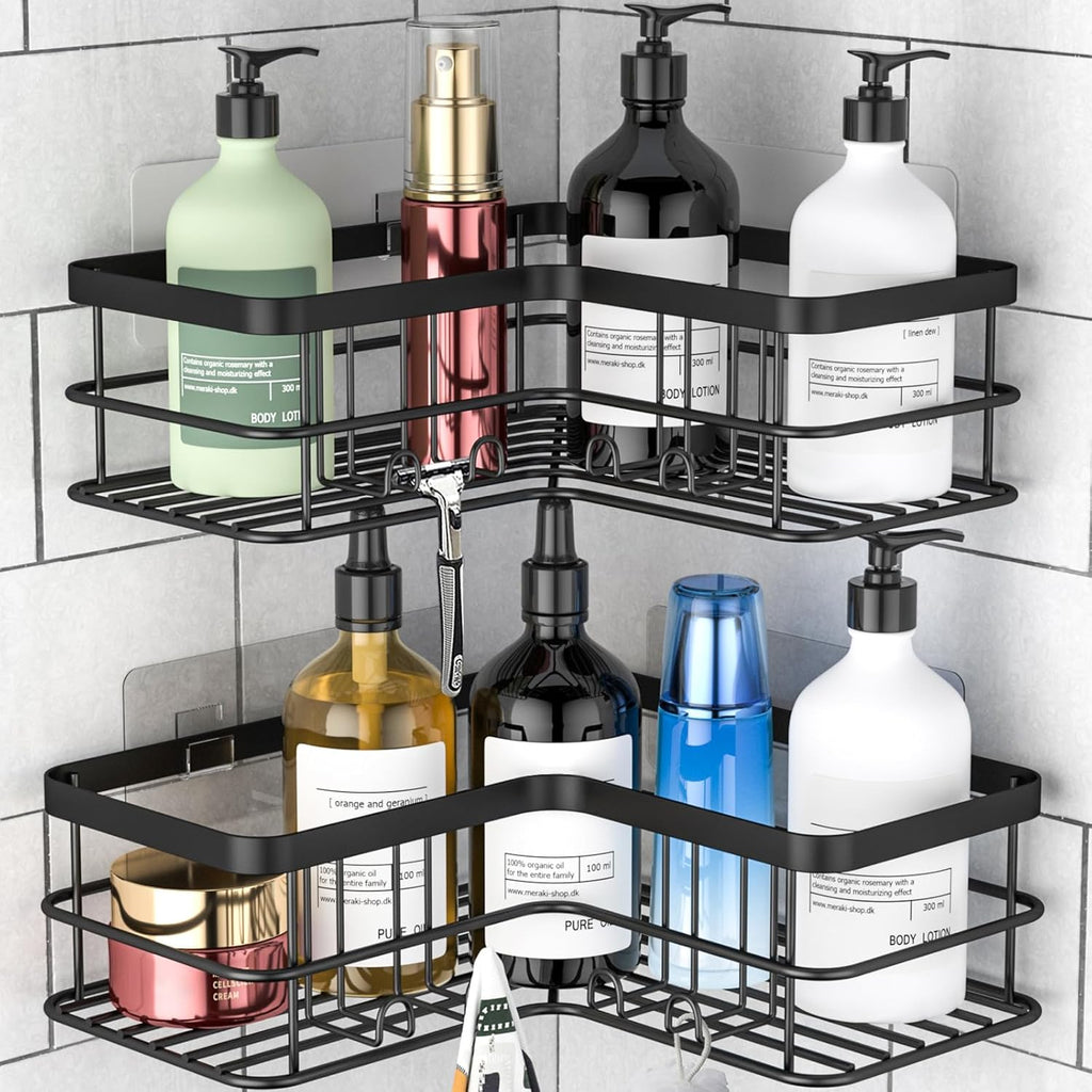 Yazoni Corner Shower Caddy, Adhesive Shower Shelves No Drilling [2-Pack], Rustproof Stainless Steel Bathroom Shower Organizer Wall Mounted with 8 Hooks (Black)