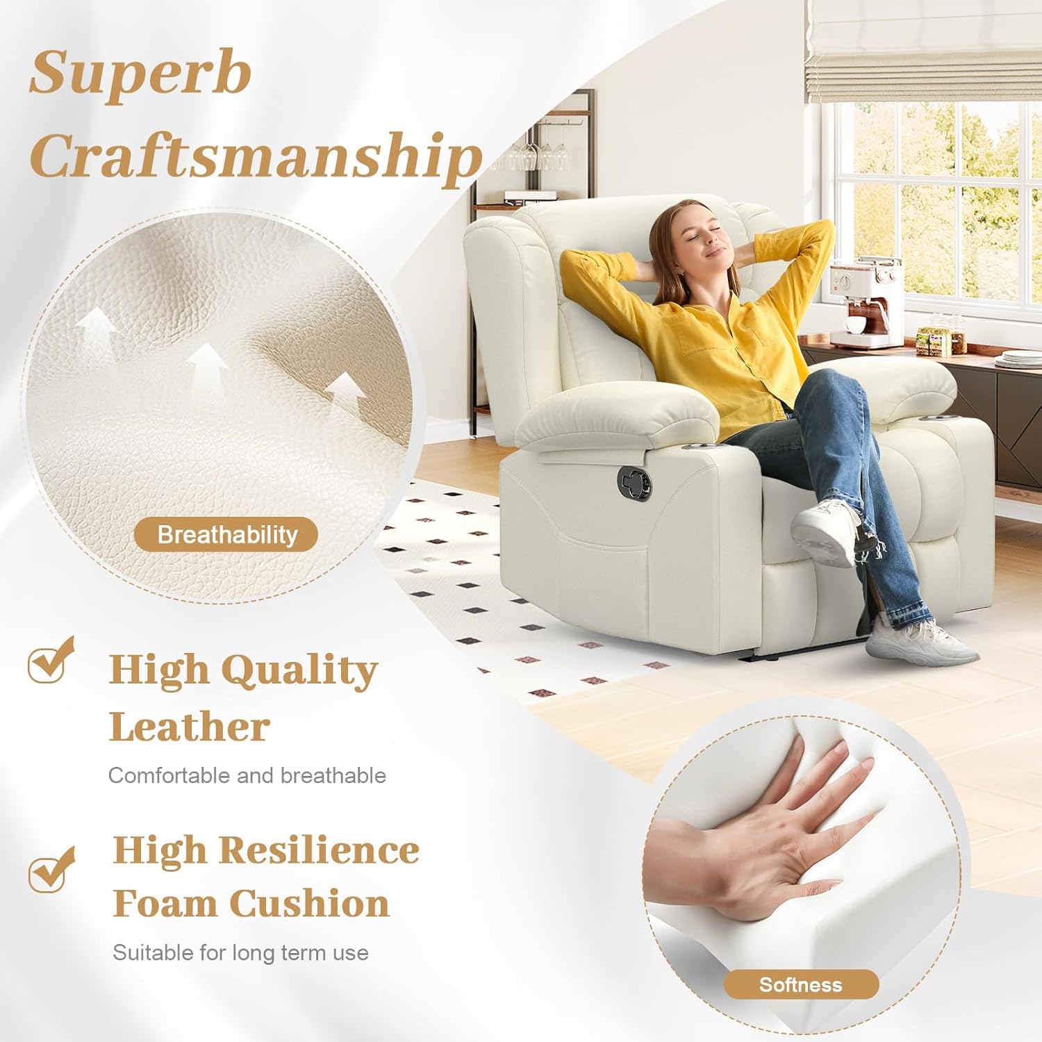 RV Recliner Chair, Oversized Reclining Loveseat Home Theater Seating with Cup Holders, Insert Pockets, Wall Hugger RV Recliners for Movie Room, Recline Movie Seats Gaming Sofa, White