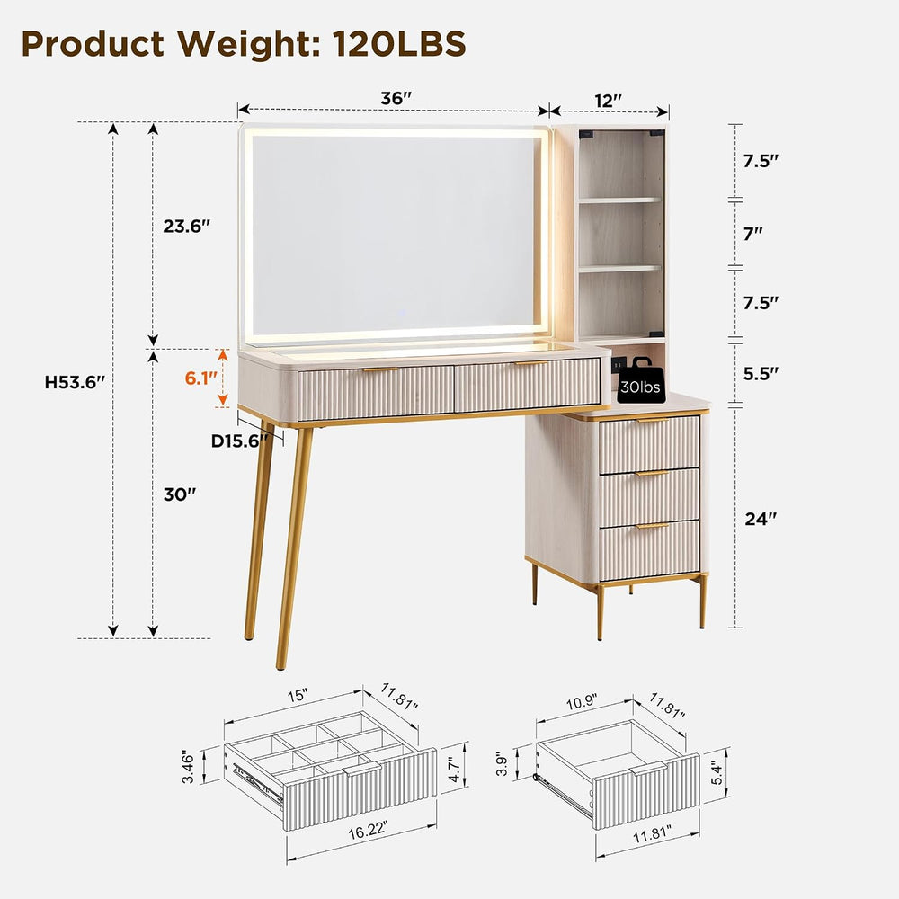 T4TREAM Fluted Makeup Vanity Desk with 36" HD Lighted Mirror, 48" B...
