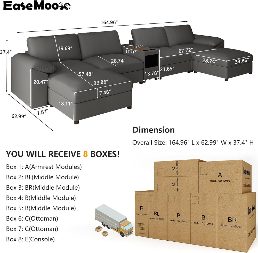 EASE MOOSE Modular Sectional Couch, U Shaped Couch for Living Room, Grey | Pe...