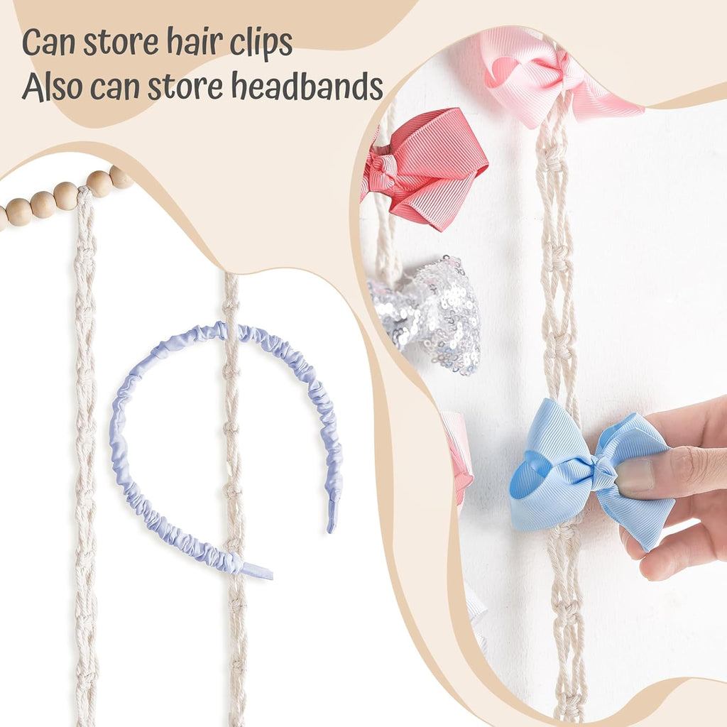Dahey Macrame Bow Holder Hanging Hair Bow Organizer for Baby Girls Boho Wall Decor Handmade Headband Holder with wood beads Storage Hair Clips for Baby Nursery Room,1 PCS, Clips and Bows Not Included