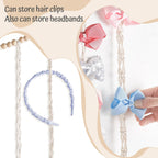 Dahey Macrame Bow Holder Hanging Hair Bow Organizer for Baby Girls Boho Wall Decor Handmade Headband Holder with wood beads Storage Hair Clips for Baby Nursery Room,1 PCS, Clips and Bows Not Included