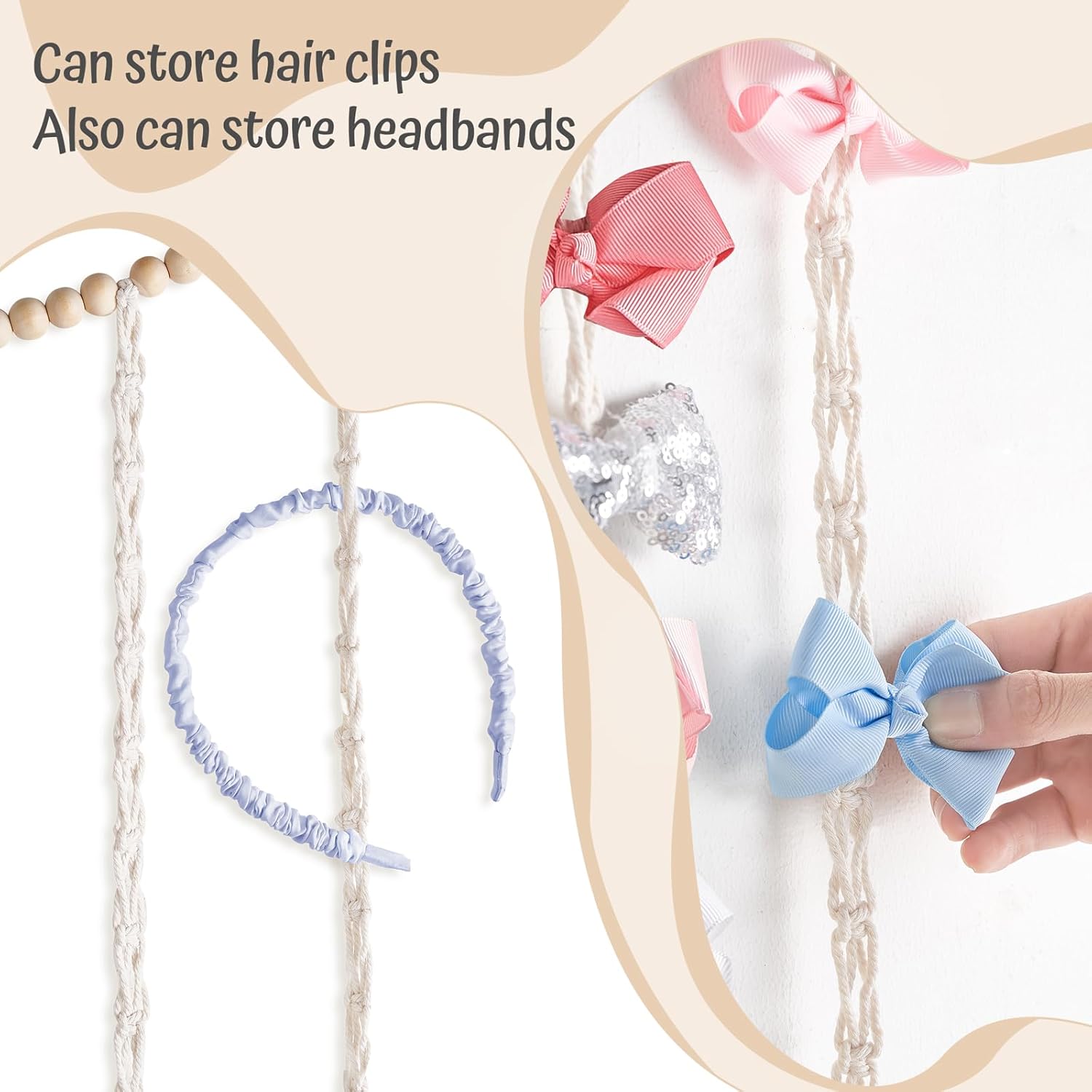 Dahey Macrame Bow Holder Hanging Hair Bow Organizer for Baby Girls Boho Wall Decor Handmade Headband Holder with wood beads Storage Hair Clips for Baby Nursery Room,1 PCS, Clips and Bows Not Included