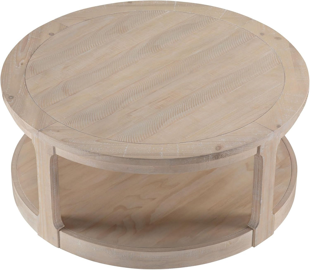 WILLIAMSPACE 40" Round Coffee Table with Wheels, Circle 2 Tier Solid Woo...