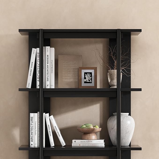 Merax 4 Shelf Narrow Bookcase H-70 L-33 Acacia Wood Open Bookshelf, Contemporary Farmhouse Style Display Storage Shelf for Home Office Studio, Ebonized Finish