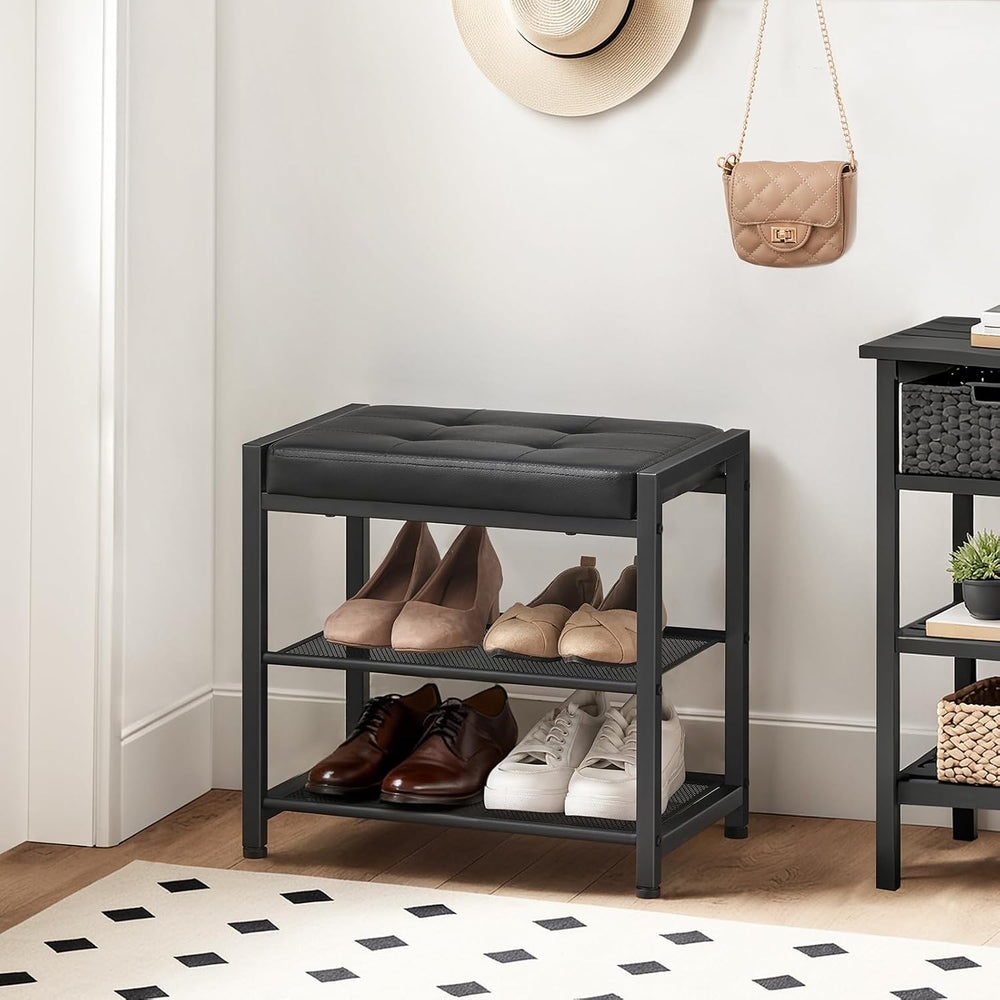 HOOBRO Small Shoe Bench, 3-Tier Shoe Rack, Shoe Storage Bench with PU Seat Cu...