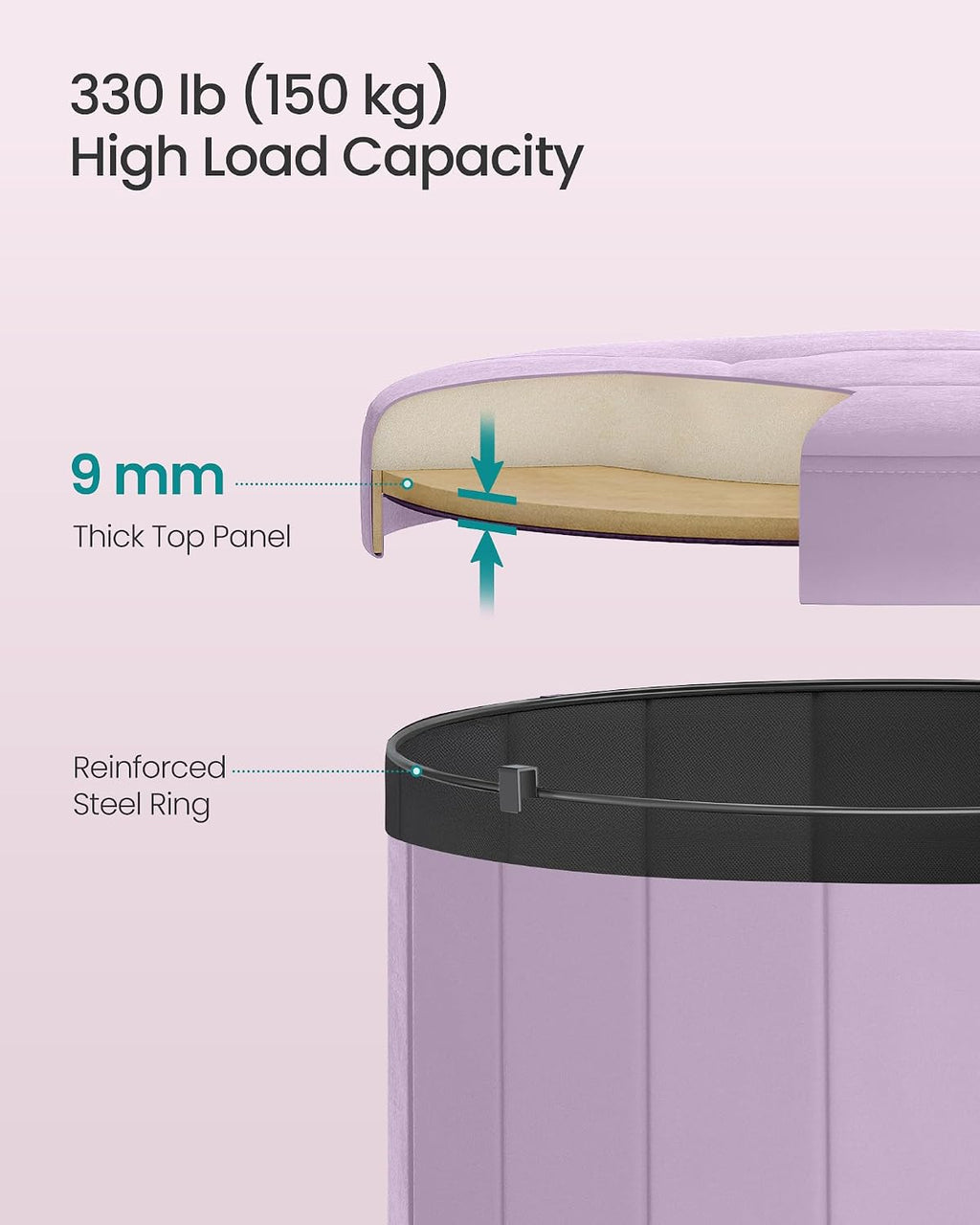 SONGMICS Mazie Collection - Round Storage Ottoman, Folding Footrest Stool with Removable Lid, Easy Assembly, Velvet Vanity Stool for Bedroom, Living Room, Entryway, Purple ULSF608PE01