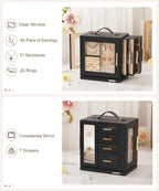 Homde Christmas Gifts Jewelry Box 360° Rotating, Necklace Earring Organizer with Transparent Window, Mirror, 7 Drawers, Large Ring Display Storage Case for Girls Women (Black)