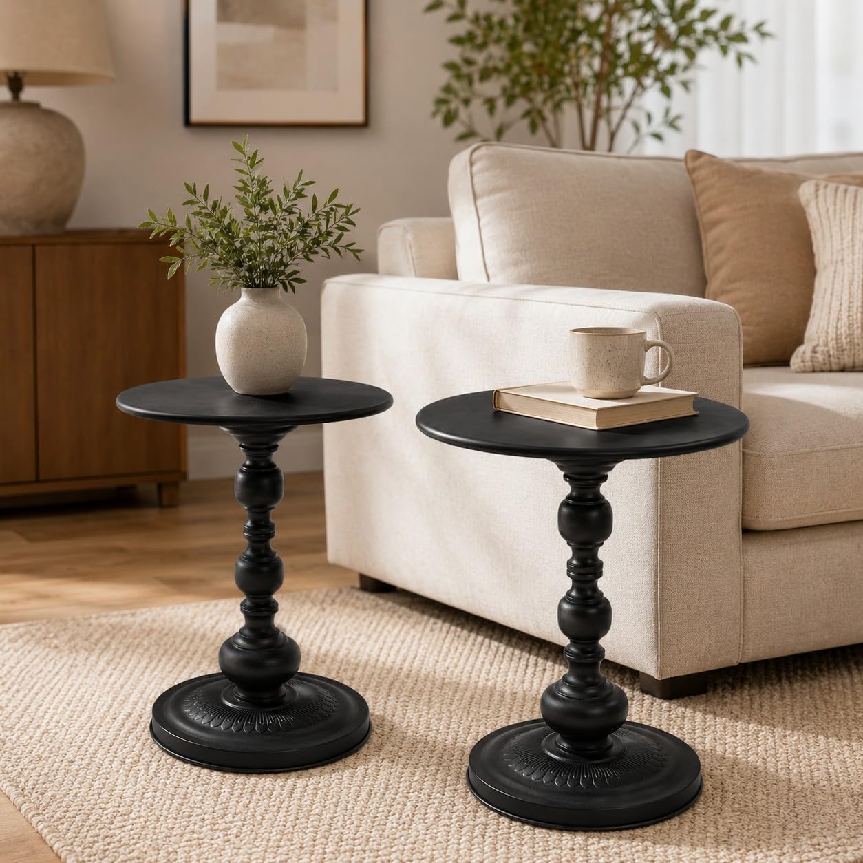 Vintage Matte Black Round Metal Side Table Set of 2 for Living Room, Office | End Tables, Nightstand, Drink and Coffee Accent Tables, Decorative Sofa Bedside Tables for Small Space, Bedroom, Apartment