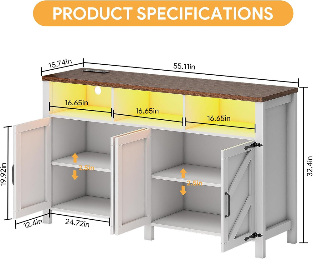 knoworld Buffet Sideboard with Storage with Power Outlets & LED Light 4 D...