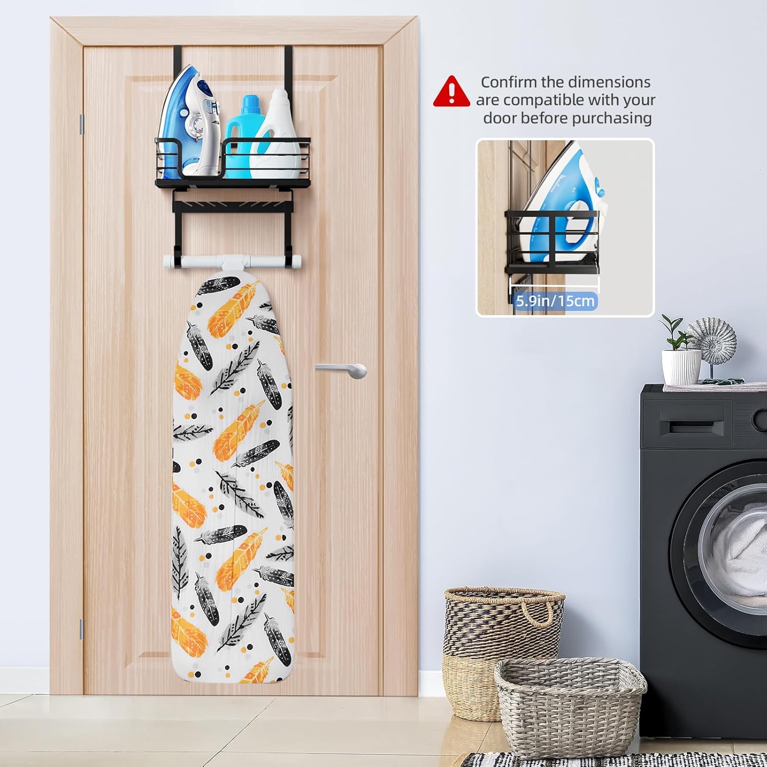 TJ.MOREE Over The Door/Wall Mount Ironing Board Hanger, Laundry Room Iron and Ironing Board Caddy Storage for Water Mister, Fabric Sprays, Laundry Detergent