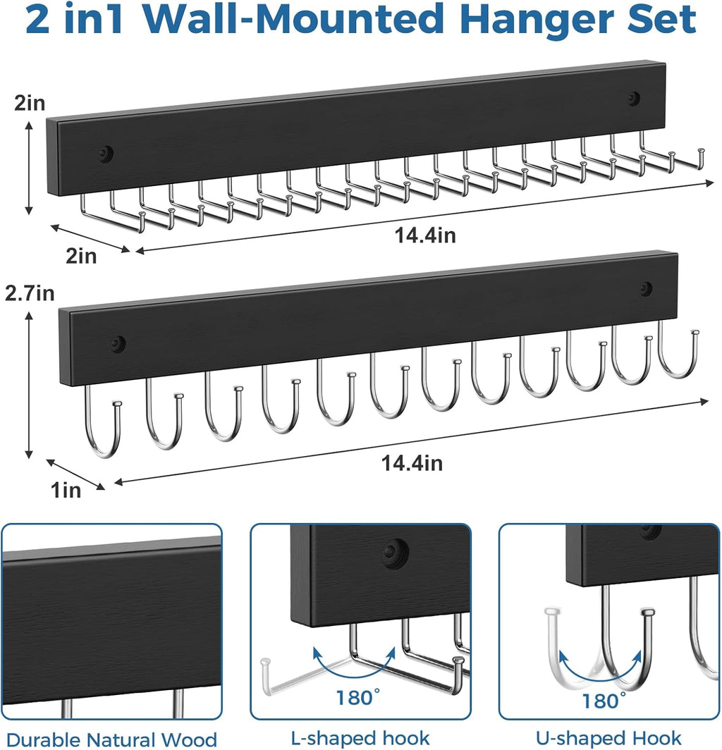 Tie and Belt Rack Wall Mount 2 Pack, Max 20 Tie Storage & 36 Belt Organizer, 180° Rotating Space Saving Tie Holder Belt Hanger for Closet Wall Mounted
