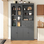 Tall Farmhouse Kitchen Pantry Storage Cabinet，47.2x15.7x75inch Freestanding Buffet with Hutch,Kitchen Pantry Cabinet with 4 Drawers,Door Shelves and Pull-out Trays for Dining room,Living Room,Gray